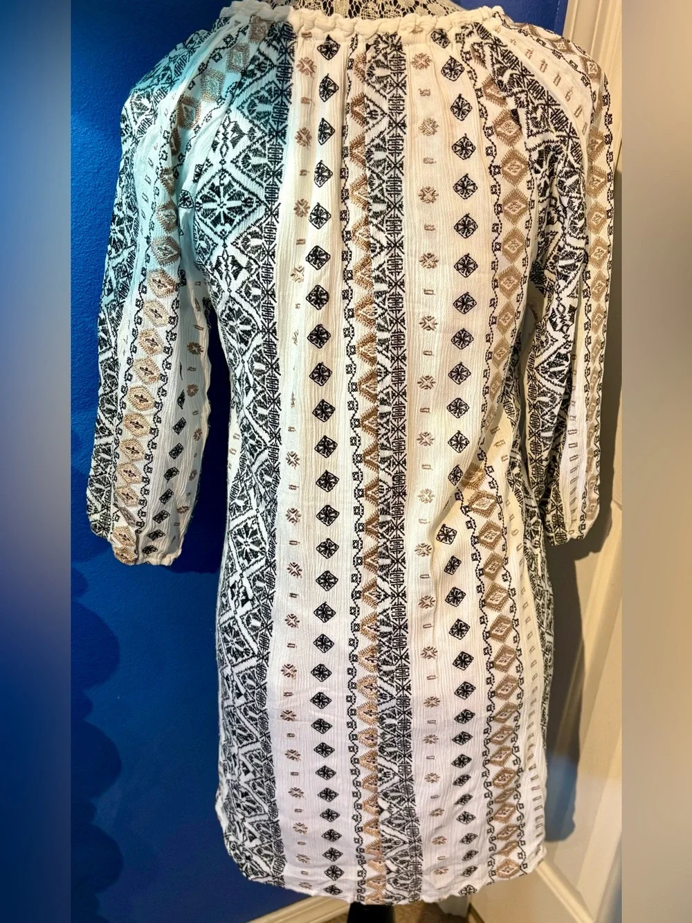 Blue Rain White Dress with Black and Tan Embroidered Print